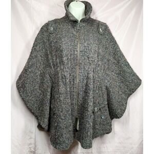 Poncho Brown Tweed Women M   Wool Blend Snap Adjustable Sides Lagenlook On Trend